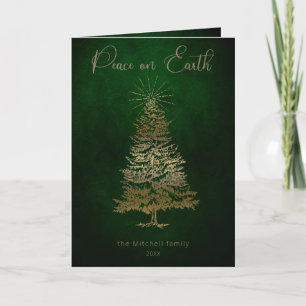 Elegant Peace on Earth Gold Script and Tree Holiday Card