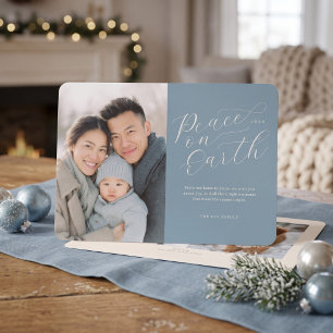 Elegant Peace on Earth Photo - Dusty Blue Holiday Card