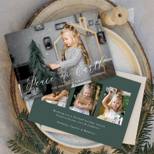 Elegant Peace on Earth Script Dark Sage 4 Photo Holiday Card