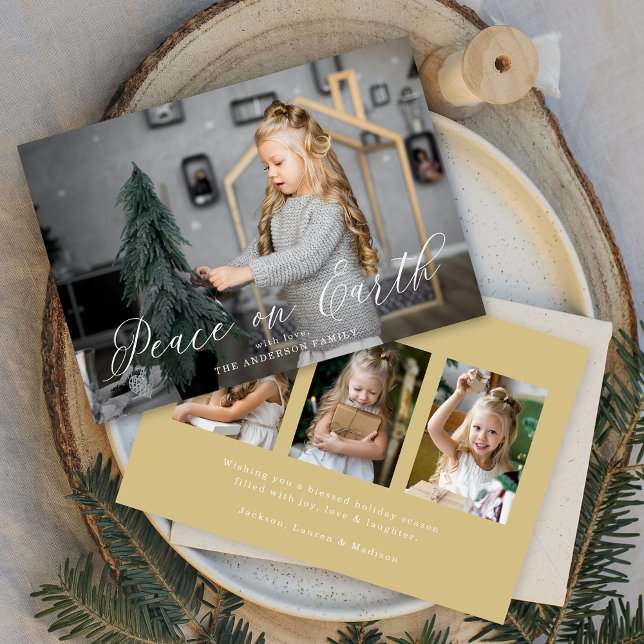 Elegant Peace on Earth Script Gold 4 Photo Holiday Card (Creator Uploaded)