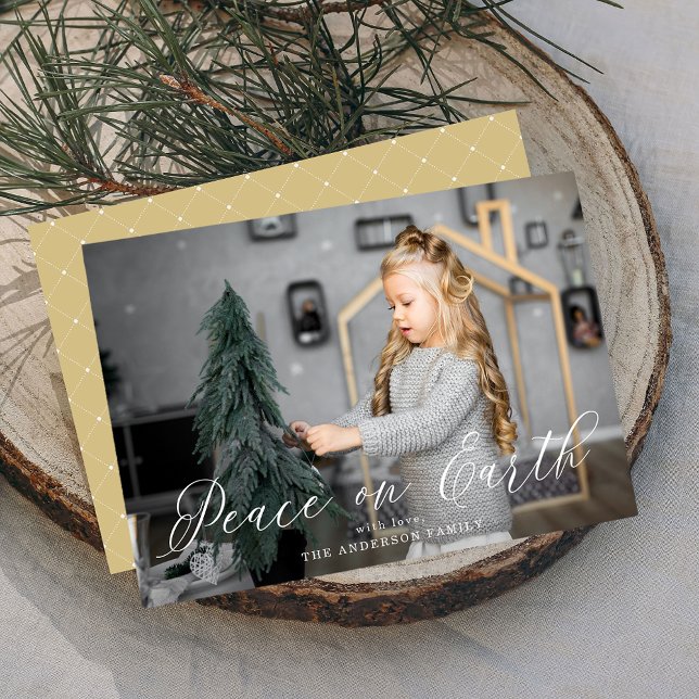 Elegant Peace on Earth Script Gold Photo Holiday Card (Creator Uploaded)