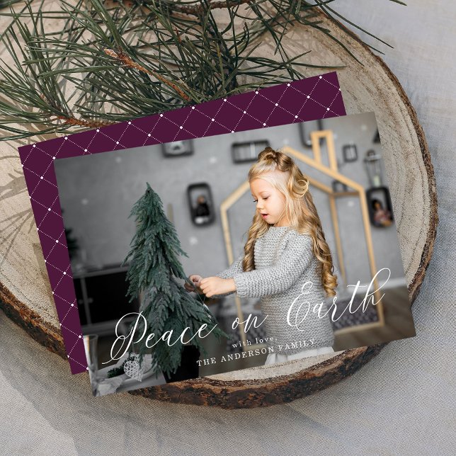 Elegant Peace on Earth Script Purple Photo Holiday Card (Creator Uploaded)
