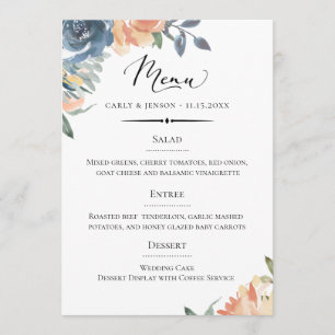 Elegant Peach and Blue Botanical Wedding Menu