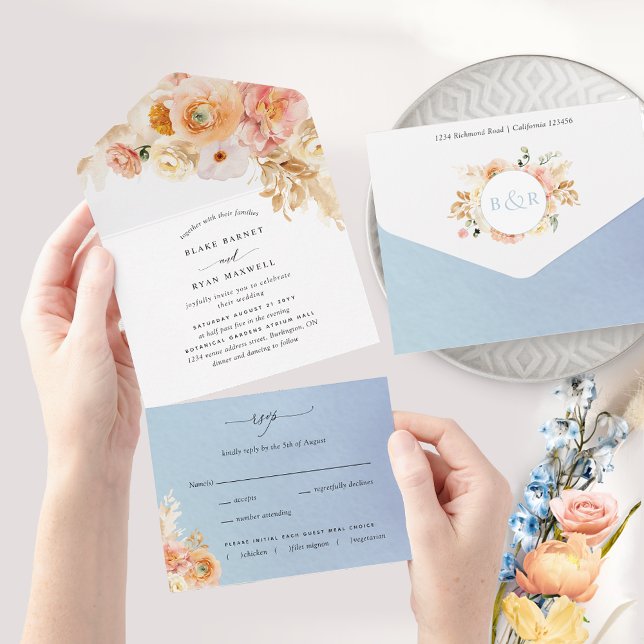 Elegant Peach and Blue Floral Wedding with RSVP Al All In One Invitation (Creator Uploaded)