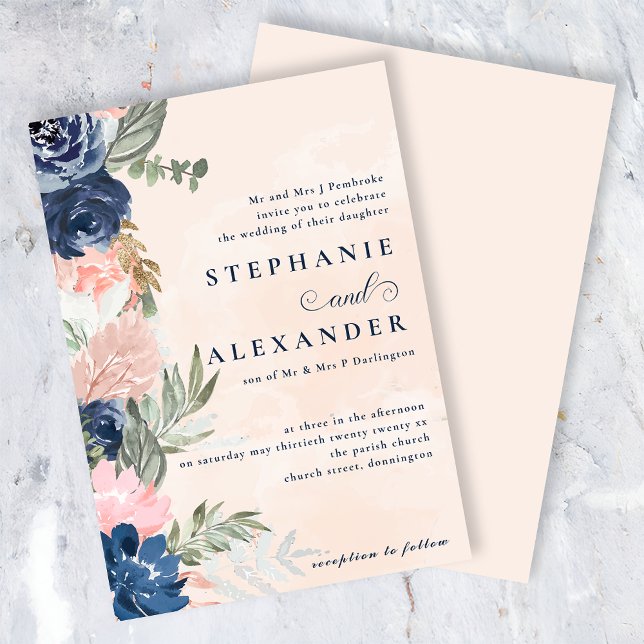 Elegant Peach and Blue Flower Formal Wedding Invitation (Creator Uploaded)