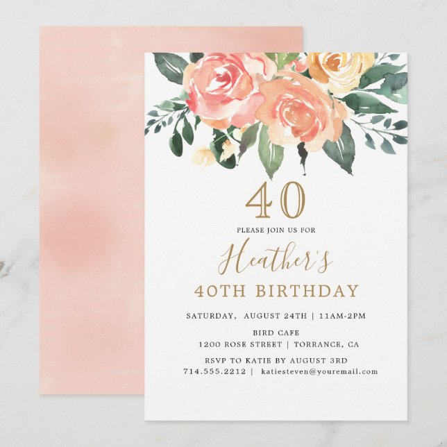 Elegant Peach and Gold Floral 40th Birthday Invitation (Front/Back)
