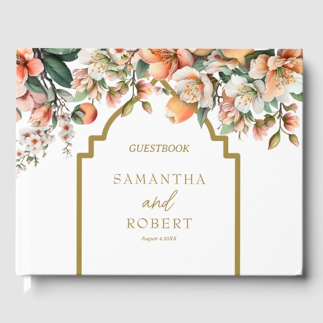 Elegant Peach and Gold Southern Wedding Guest Book (Front)