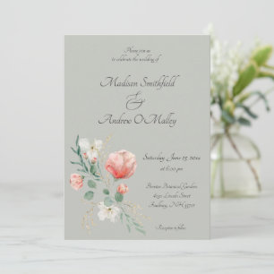 Elegant Peach and Green Watercolor Floral Wedding Invitation