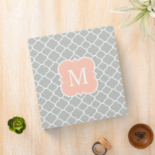 Elegant Peach and Grey Monogram Quatrefoil Pattern Binder
