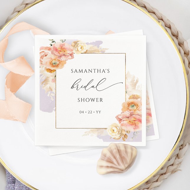 Elegant Peach and Purple Floral Bridal Shower Napkin (Creator Uploaded)