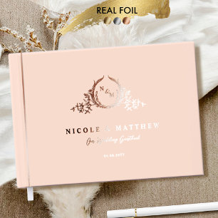 Elegant Peach and Real Foil Monogram Wedding Guest Book