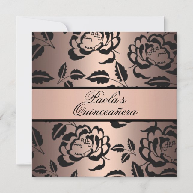 Elegant Peach & Black Rose Quinceañera Invitation (Front)