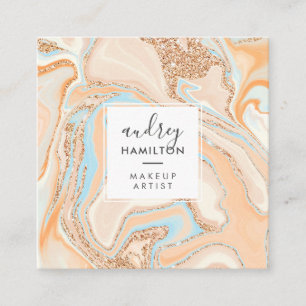Elegant peach blue marble rose gold glitter makeup square business card