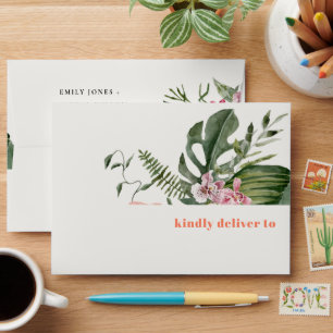 Elegant Peach Blush Boho Tropical Floral Wedding Envelope