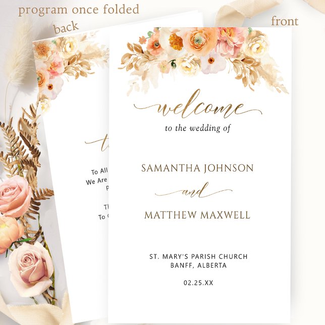 Elegant  Peach Blush Floral Folded Wedding Program (Creator Uploaded)