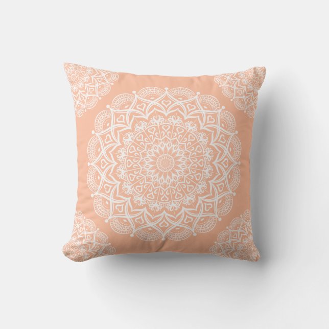 Elegant Peach Boho Mandala Throw Pillow (Front)