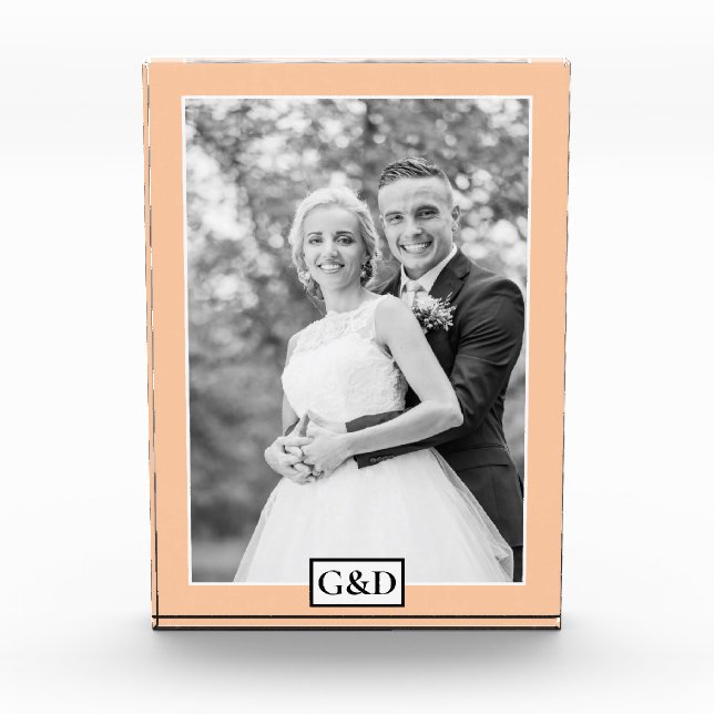 Elegant peach border and initials wedding photo block (Front)