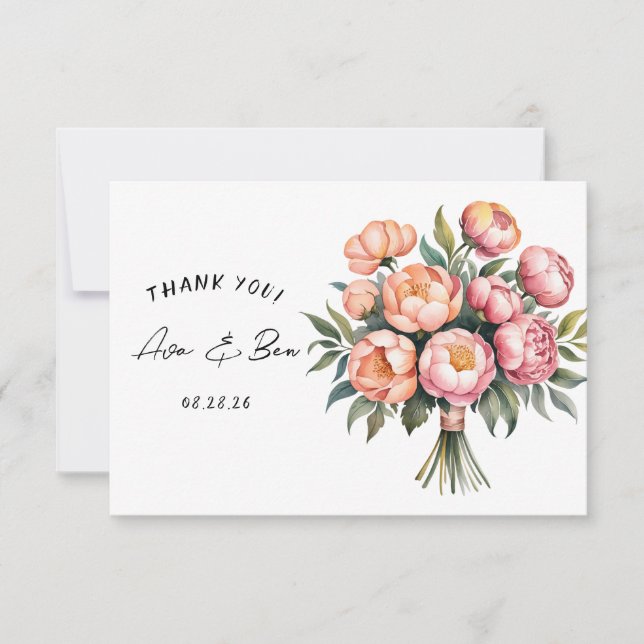 Elegant Peach Bouquet with Diamonds Thank You Card (Front)