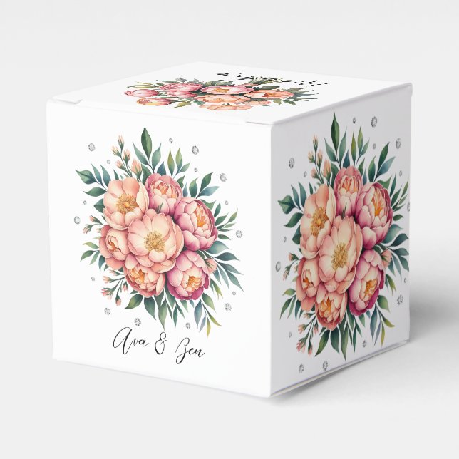 Elegant Peach Bouquet with Diamonds Wedding Favor Box (Front Side)