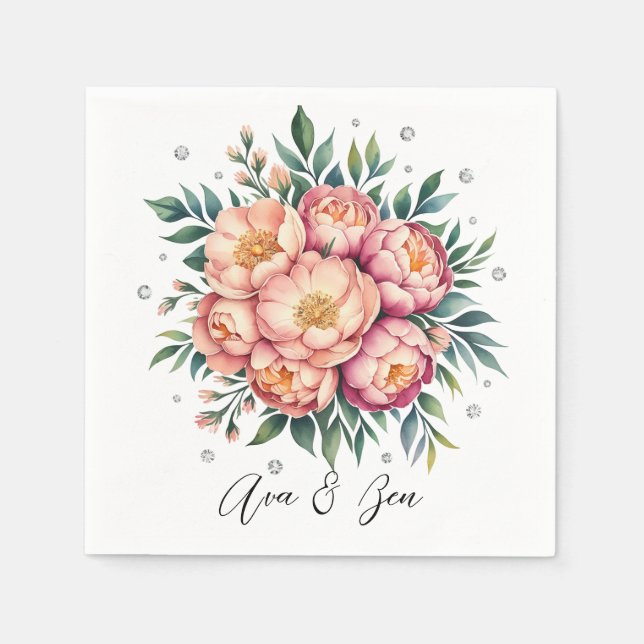 Elegant Peach Bouquet with Diamonds Wedding Napkin (Front)