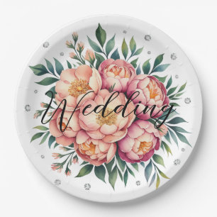 Elegant Peach Bouquet with Diamonds Wedding Paper Plate