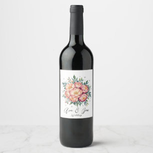 Elegant Peach Bouquet with Diamonds Wedding Wine Label