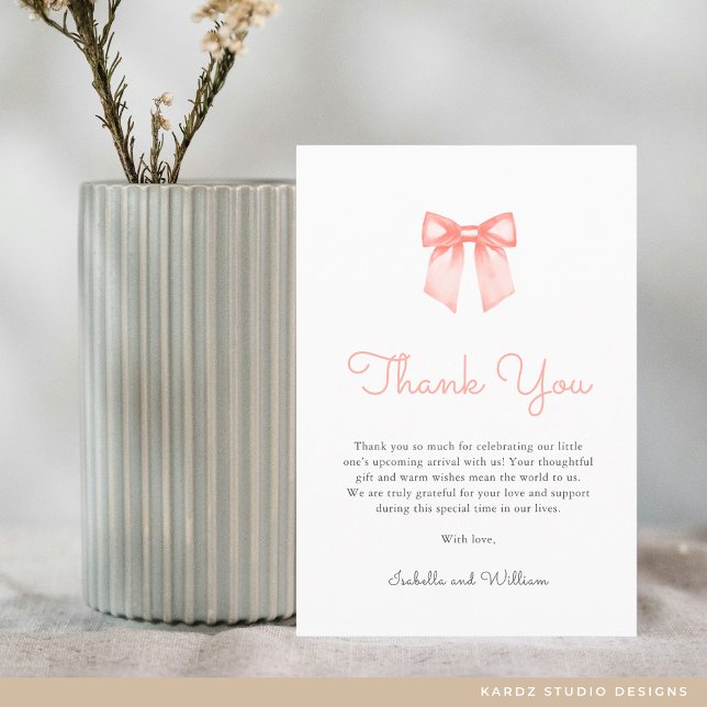 Elegant Peach Bow Baby Shower Thank You Card (The front and back of the card are shown in 3.5 x 5 inches. Choose size, paper and corner style.)
