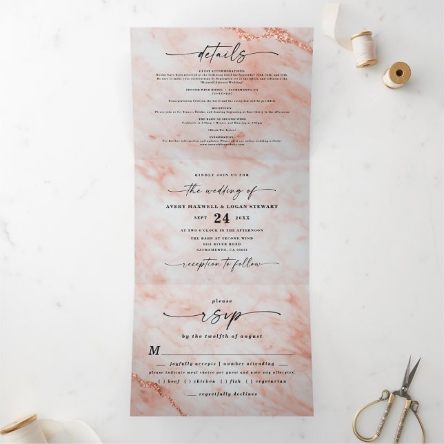 Elegant Peach Copper Marble with Foil Wedding Tri-Fold Invitation (Inside)