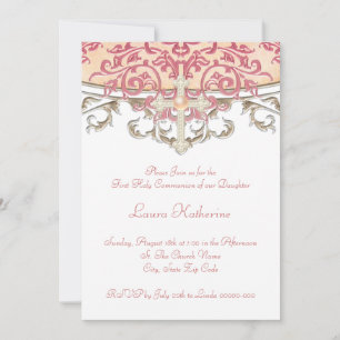 Elegant Peach Coral First Communion Invitation