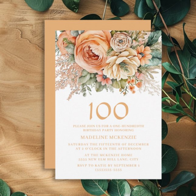 Elegant Peach Cream Floral 100th Birthday Invitation (Peach and cream-colored watercolor floral 100th birthday party invitation)