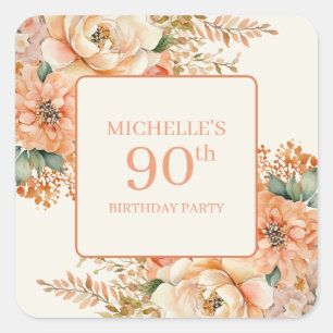 Elegant Peach Cream Floral 90th Birthday Square Sticker