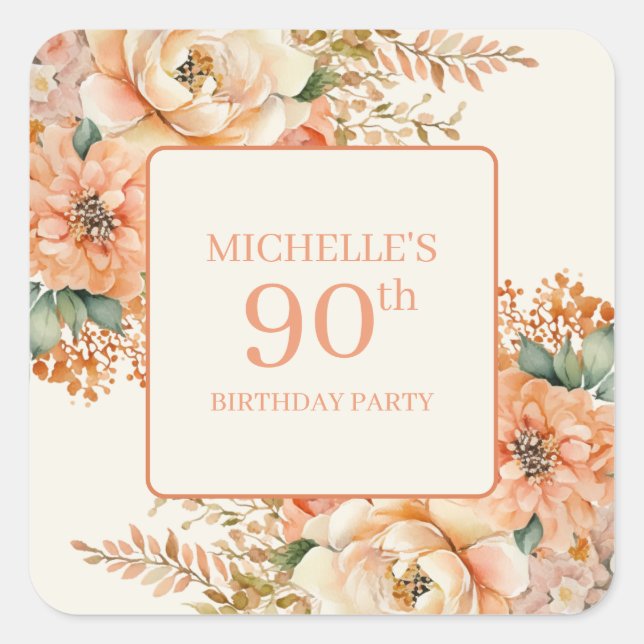 Elegant Peach Cream Floral 90th Birthday Square Sticker (Front)