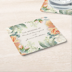 Elegant Peach Cream Floral Wedding Bride Groom Square Paper Coaster