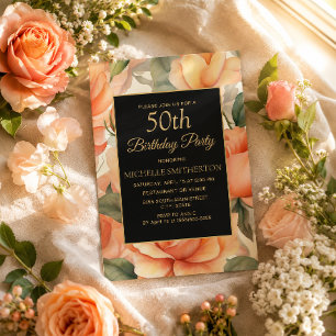 Elegant Peach Floral Black Gold Invitation