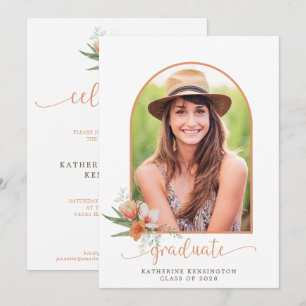 Elegant Peach Floral Boho Arch Photo Graduation Invitation