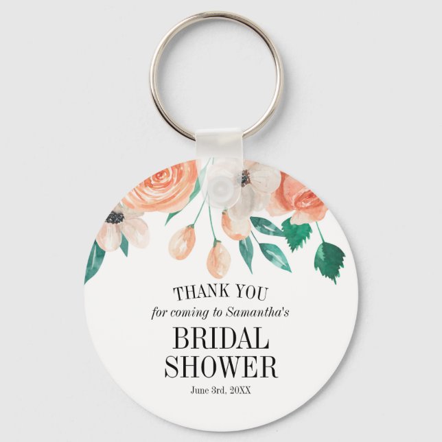 Elegant Peach Floral Bridal Shower Custom Favour Keychain (Front)