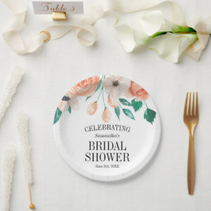 Elegant Peach Floral Bridal Shower Personalized Paper Plate
