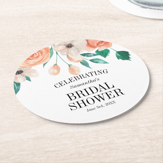 Elegant Peach Floral Bridal Shower Personalized Round Paper Coaster (Angled)