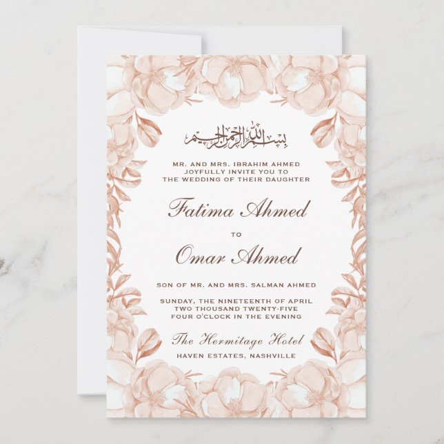 Elegant Peach Floral Islamic Muslim Wedding Invitation (Front)