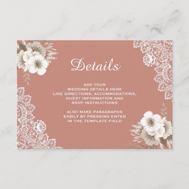 Elegant Peach Floral Lace Wedding Details Enclosure Card (Front)