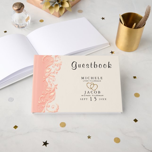 Elegant Peach Floral Swirl Guest Book (Front Open)