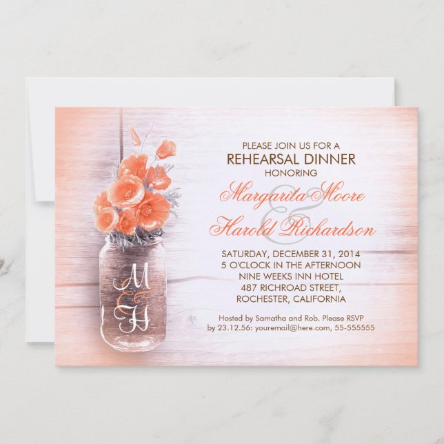 elegant peach flowers mason jar rehearsal dinner invitation (Front)