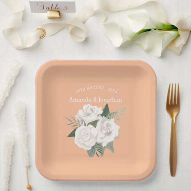 Elegant Peach Fuzz and White Roses Wedding  Paper Plate (Wedding)