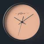 Elegant peach fuzz script name large clock<br><div class="desc">Modern clock with an orange (peach fuzz) background and a hand lettered black girly script name. Personalize with your name</div>