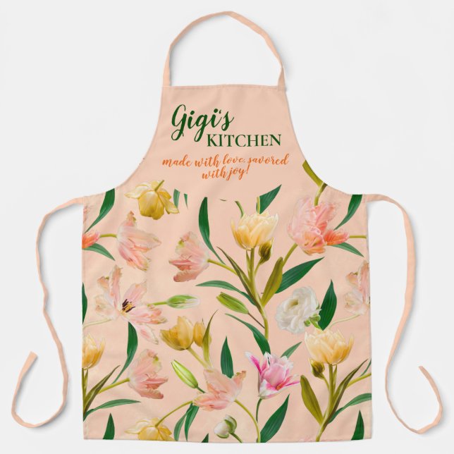 Elegant Peach Gigis Kitchen Spring Floral Pattern  Apron (Front)