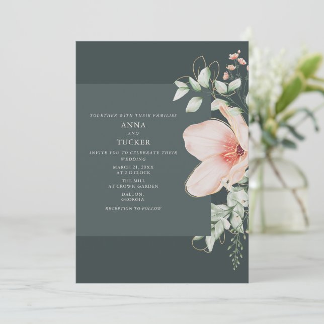 Elegant Peach & Gold Floral Emerald Wedding Invitation (Standing Front)