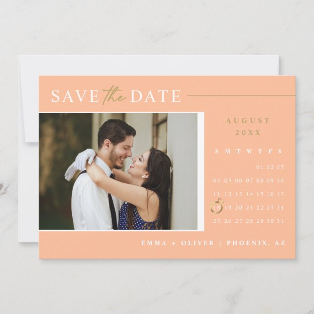 Elegant Peach Gold Save the Date Calendar QR Code Invitation (Front)