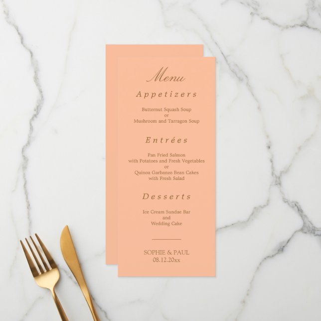 Elégant Peach Golden Beige Mariage Menu (Devant/Arrière en situation)