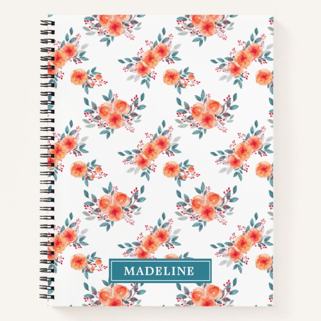 Elegant Peach & Green Floral Personalized Notebook (Front)