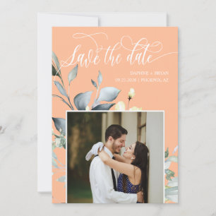 Elegant Peach Green Leaves QR Code Photo Wedding Save The Date